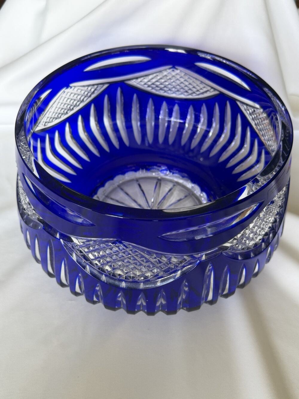 Bohemian Style Polish Cobalt Blue Cut to Clear Lead Crystal Centerpiece Bowl